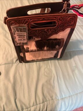 Western Tooled Leather & Cowhide Crossbody Bag - Brown/White